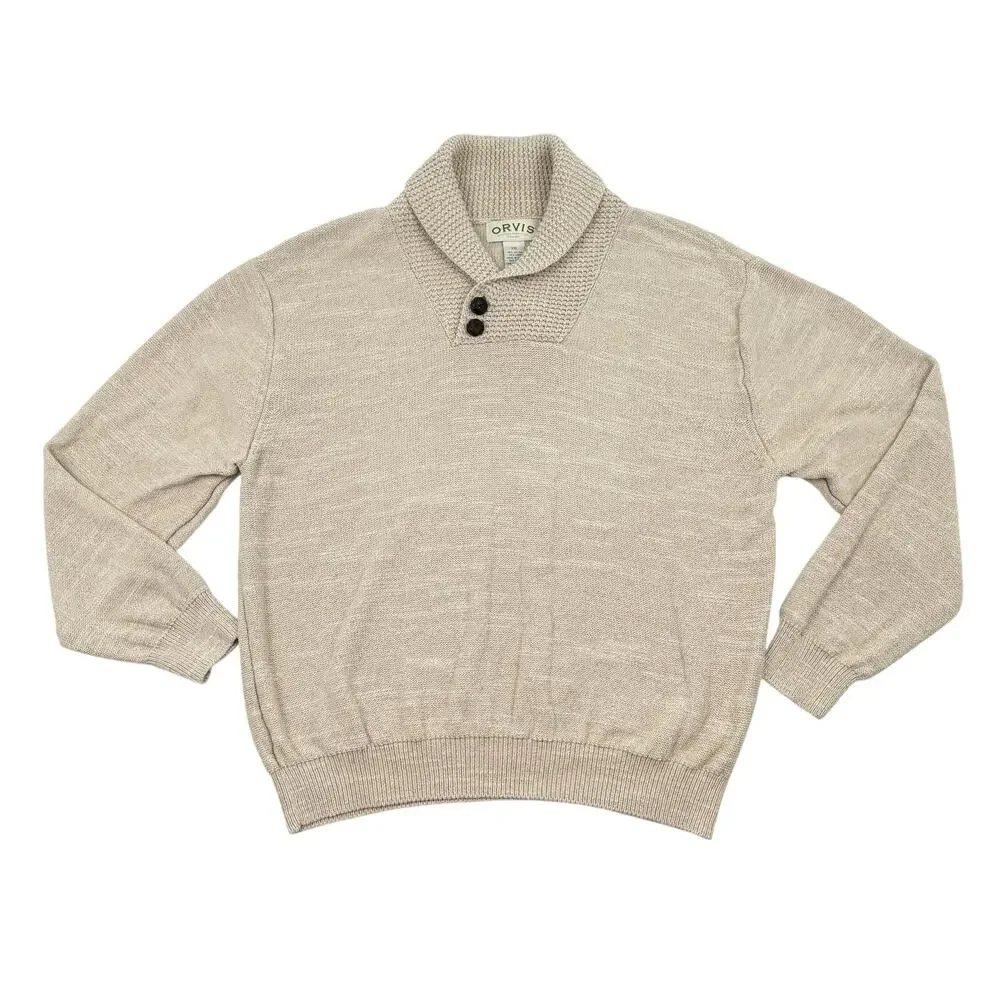 Orvis Linen Cotton Shawl Collar Pullover Sweater XXL Beige Grandpa Coastal Knit